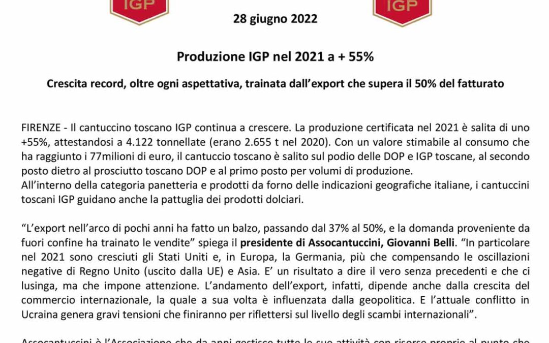 Il cantuccino toscano IGP continua a crescere: + 55% nel 2021